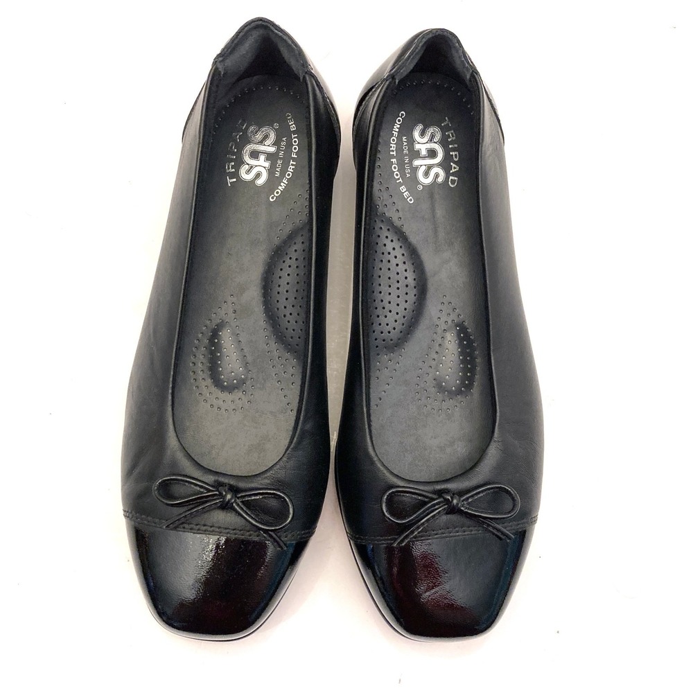 SAS Coco Slip On Ballet Flat Black‎ Leather Patent Toe Bow Womens 6.5WW X-Wide